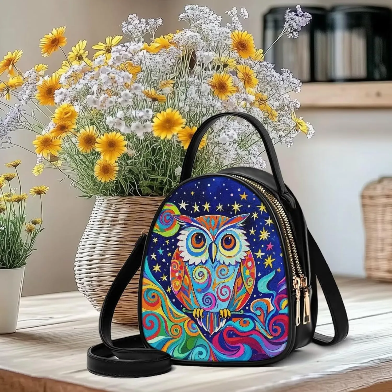 Owls Shoulder Bag Purse for Women PU Leather Crossbody Cell Phone Holder, Small Sling Bag Travel Handbag Zipper