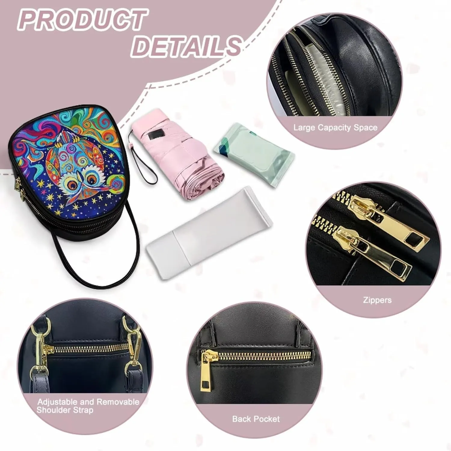 Owls Shoulder Bag Purse for Women PU Leather Crossbody Cell Phone Holder, Small Sling Bag Travel Handbag Zipper