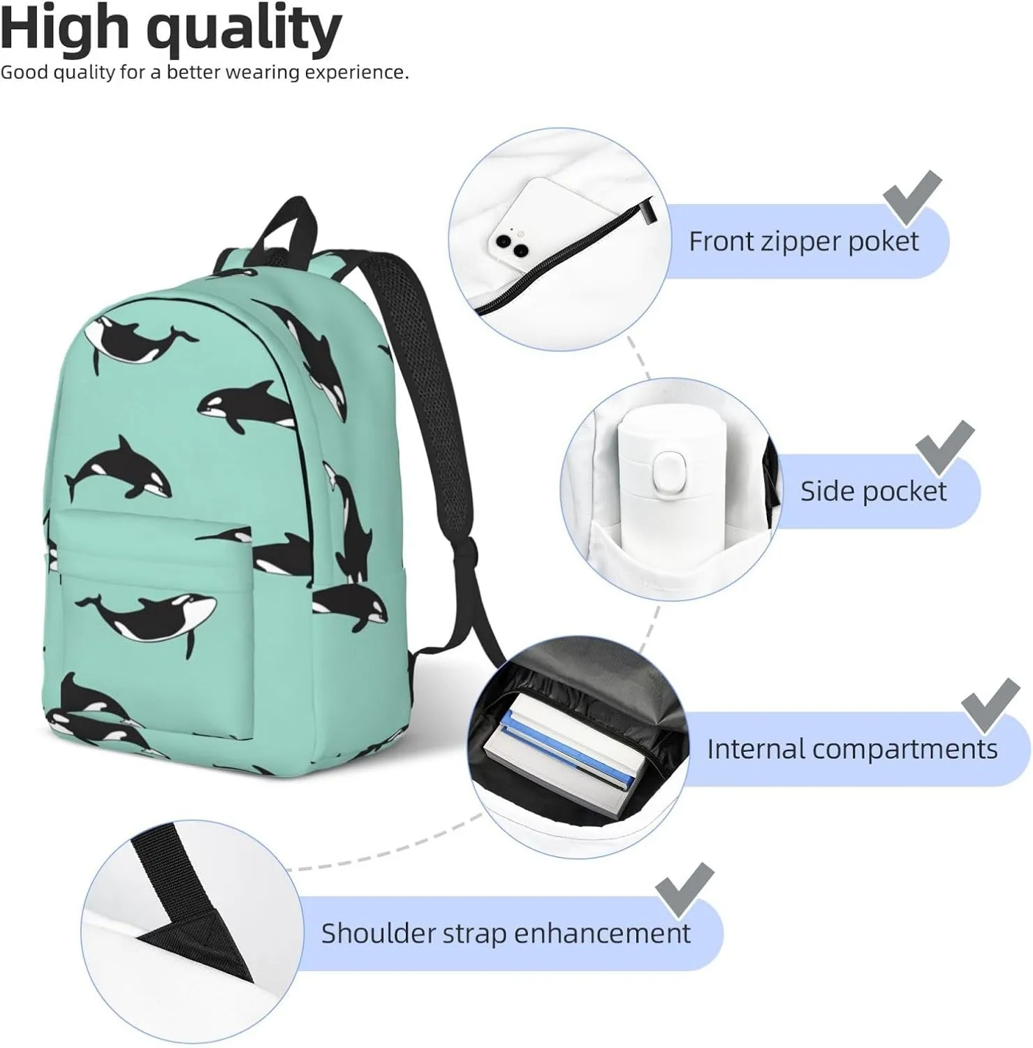 Pacific Ocean whale Printed backpack, travel bag, canvas shoulder bag, canvas casual lightweight backpack