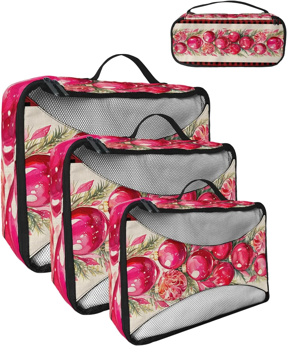 Packing Cubes for Travel, 4 Set Travel Packing Organized Cubes Christmas Red Poinsettia Hand-painted Red Black Buffalo Check Waterproof Luggage Organizer Travel Accessories for Carry On Suitcases