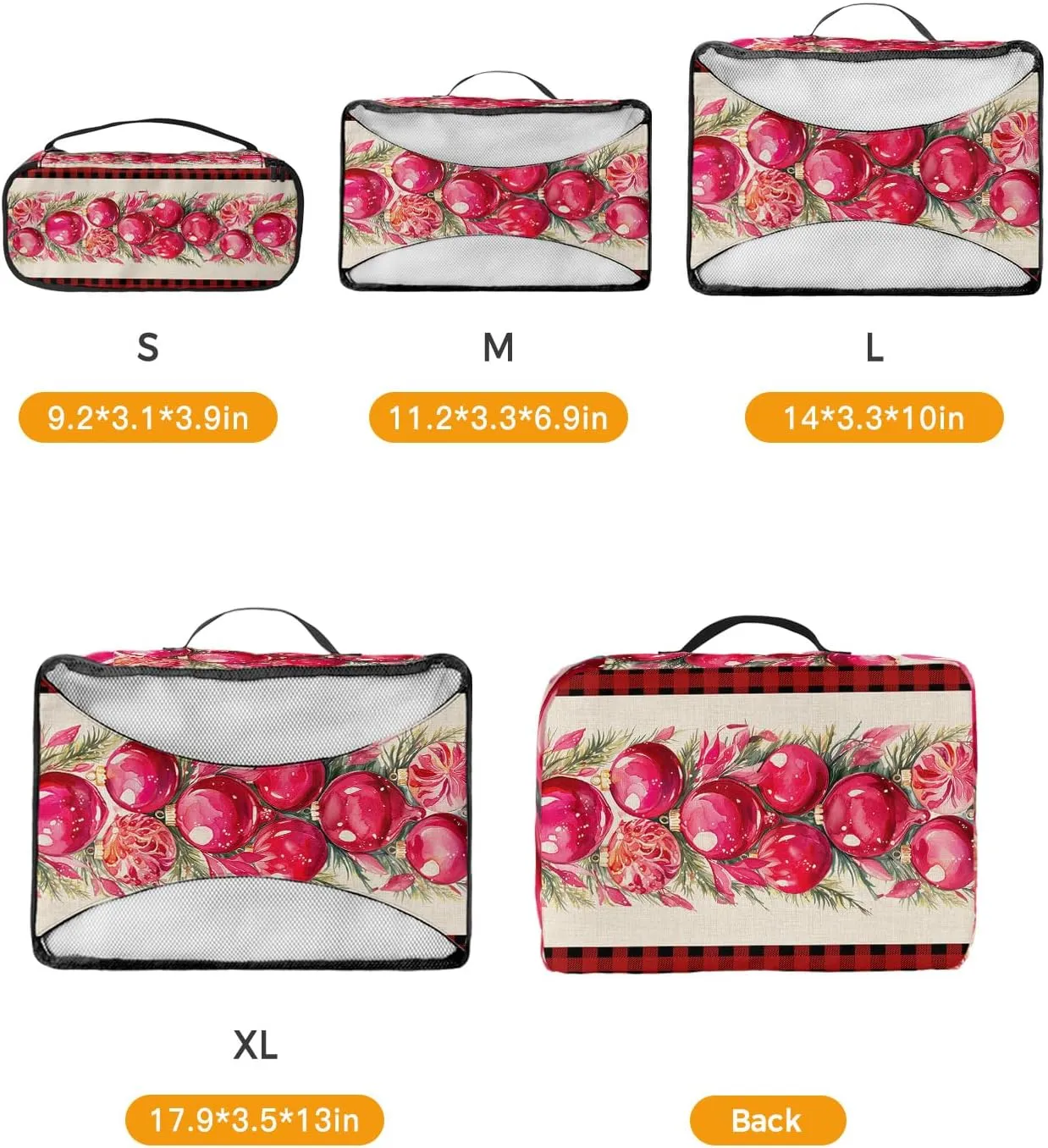 Packing Cubes for Travel, 4 Set Travel Packing Organized Cubes Christmas Red Poinsettia Hand-painted Red Black Buffalo Check Waterproof Luggage Organizer Travel Accessories for Carry On Suitcases