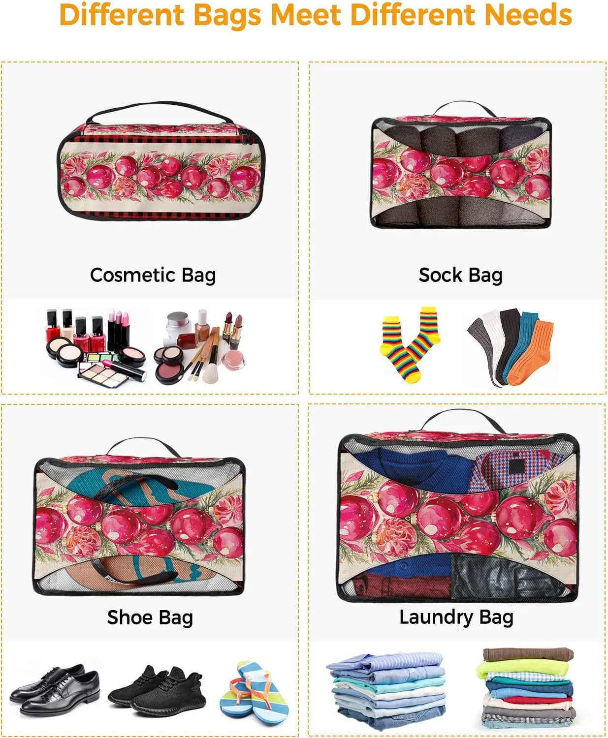 Packing Cubes for Travel, 4 Set Travel Packing Organized Cubes Christmas Red Poinsettia Hand-painted Red Black Buffalo Check Waterproof Luggage Organizer Travel Accessories for Carry On Suitcases