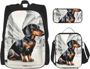 Parisian Dachshund Print Travel Friendly Adjustable Shoulder Backpack Lunch Bag Pencil Case For Daily Use