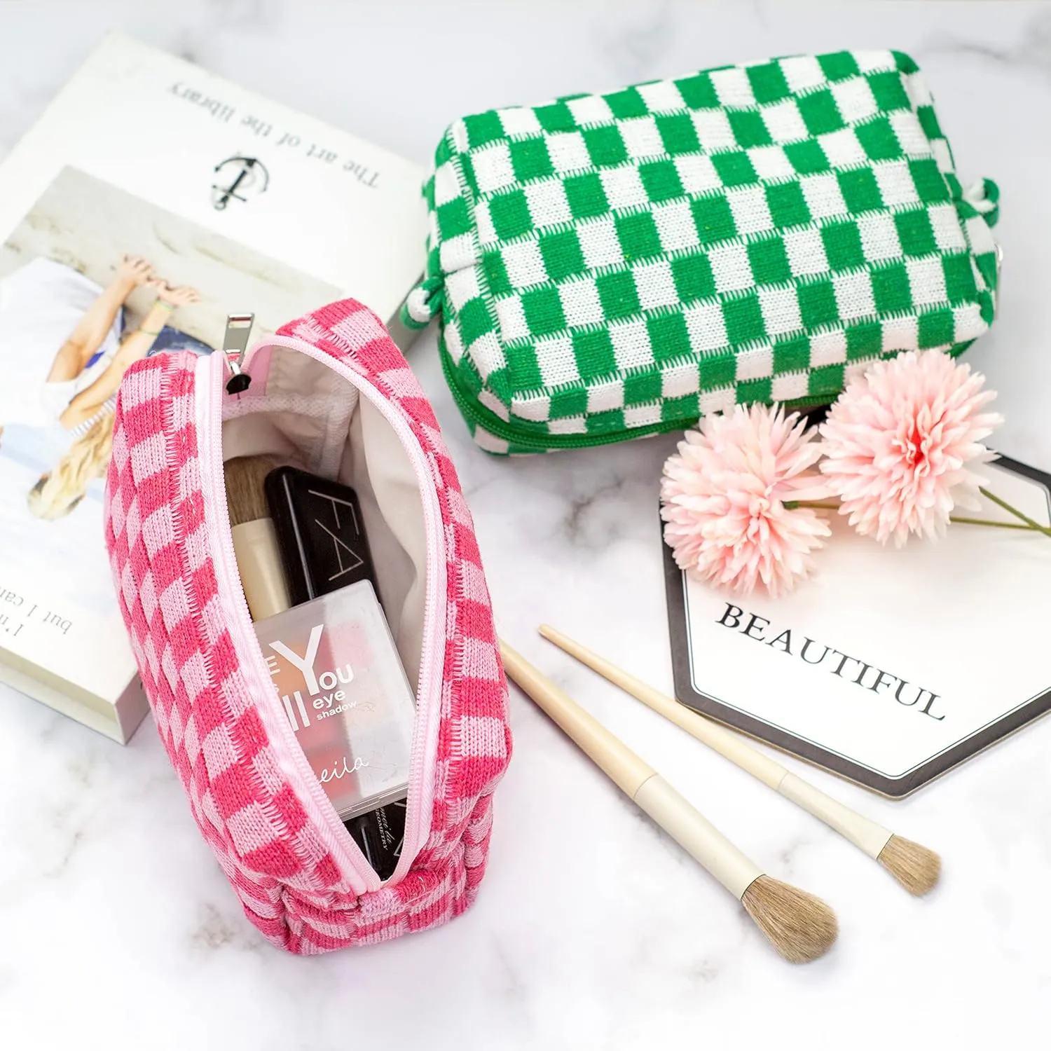 PAZIMIIK Checkered Makeup Bag for Purse Portable Zipper Make Up Pouch Small Cosmetic Case for Travel Accessories (6PCS Green)
