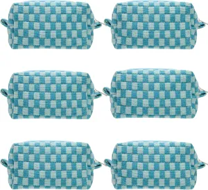 PAZIMIIK Checkered Makeup Bag for Purse Portable Zipper Make Up Pouch Small Cosmetic Case for Travel Accessories (6PCS Lake Blue)