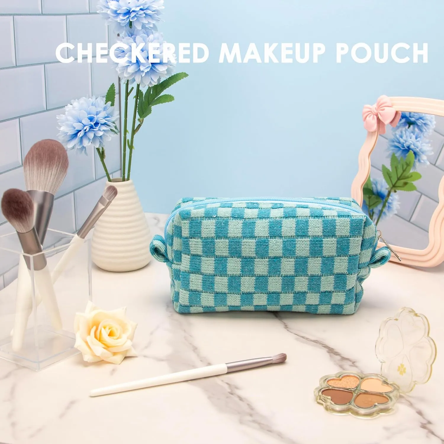 PAZIMIIK Checkered Makeup Bag for Purse Portable Zipper Make Up Pouch Small Cosmetic Case for Travel Accessories (6PCS Lake Blue)
