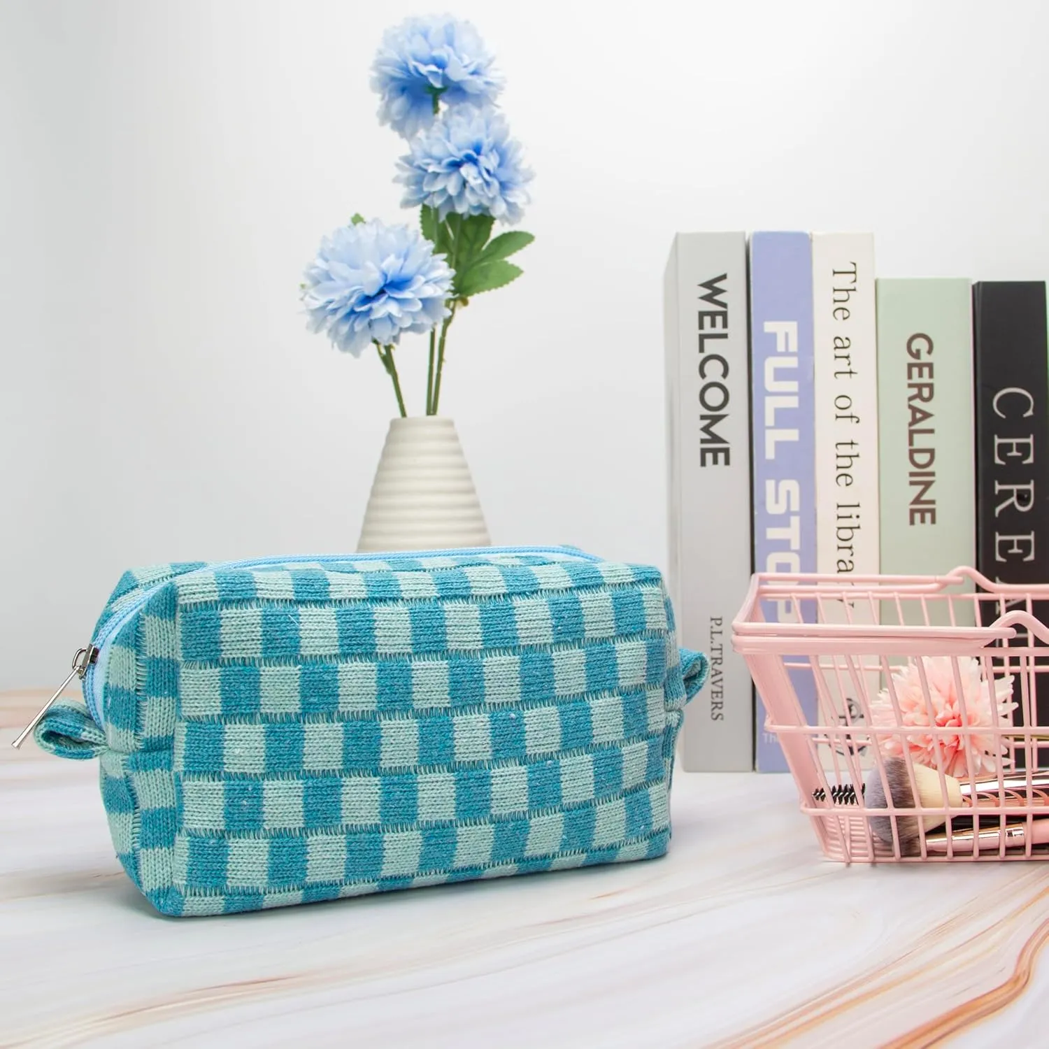 PAZIMIIK Checkered Makeup Bag for Purse Portable Zipper Make Up Pouch Small Cosmetic Case for Travel Accessories (6PCS Lake Blue)