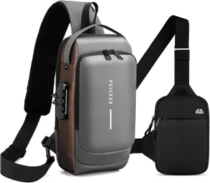Peicees Pack of 2 Mens Crossbody Bag Man Bags Mens Purse Anti-theft Sling Bag Shoulder Bag Chest Bag, Leather Grey Gold and Mini Black