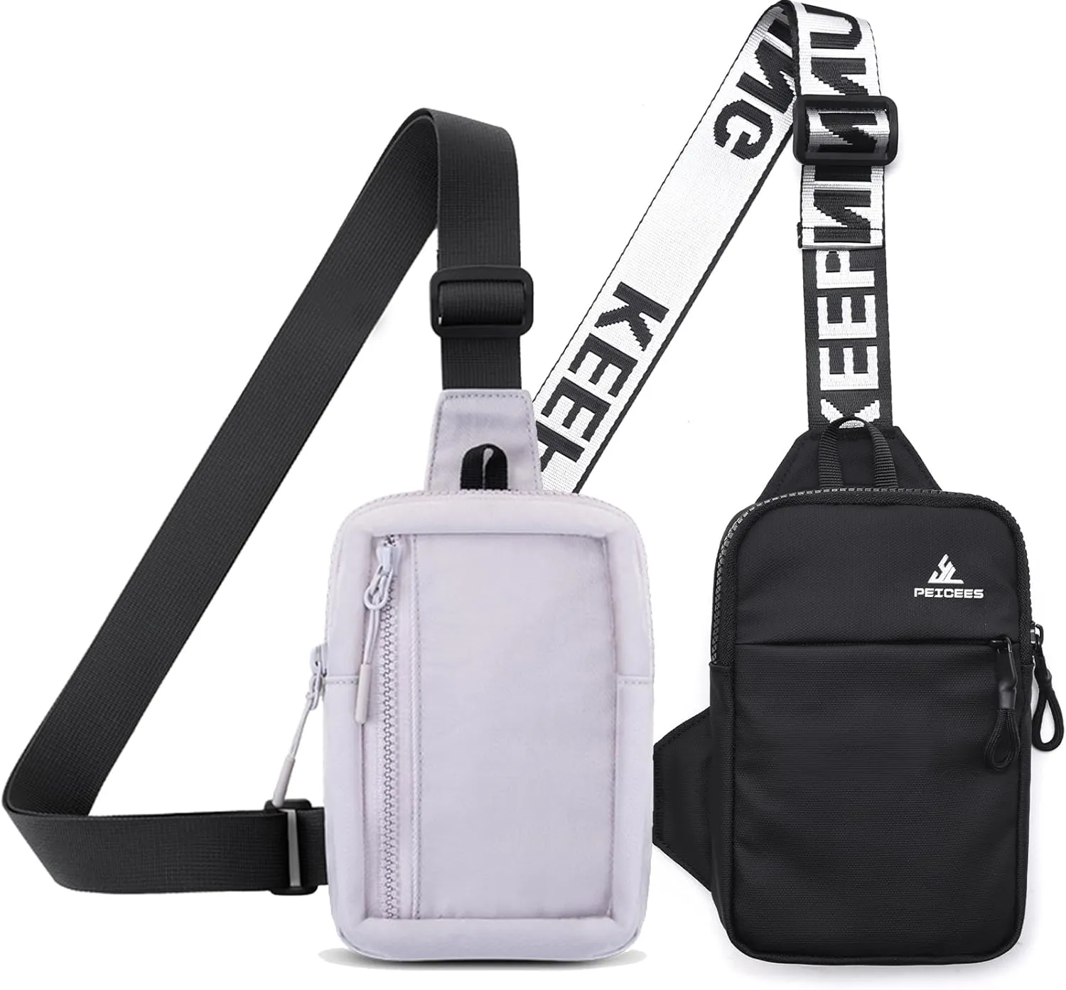 Peicees Pack of 2 Mini Sling Bag for Men Women Crossbody Bag Travel Running Phone Daypack Shoulder Bags, Purple Grey and Black