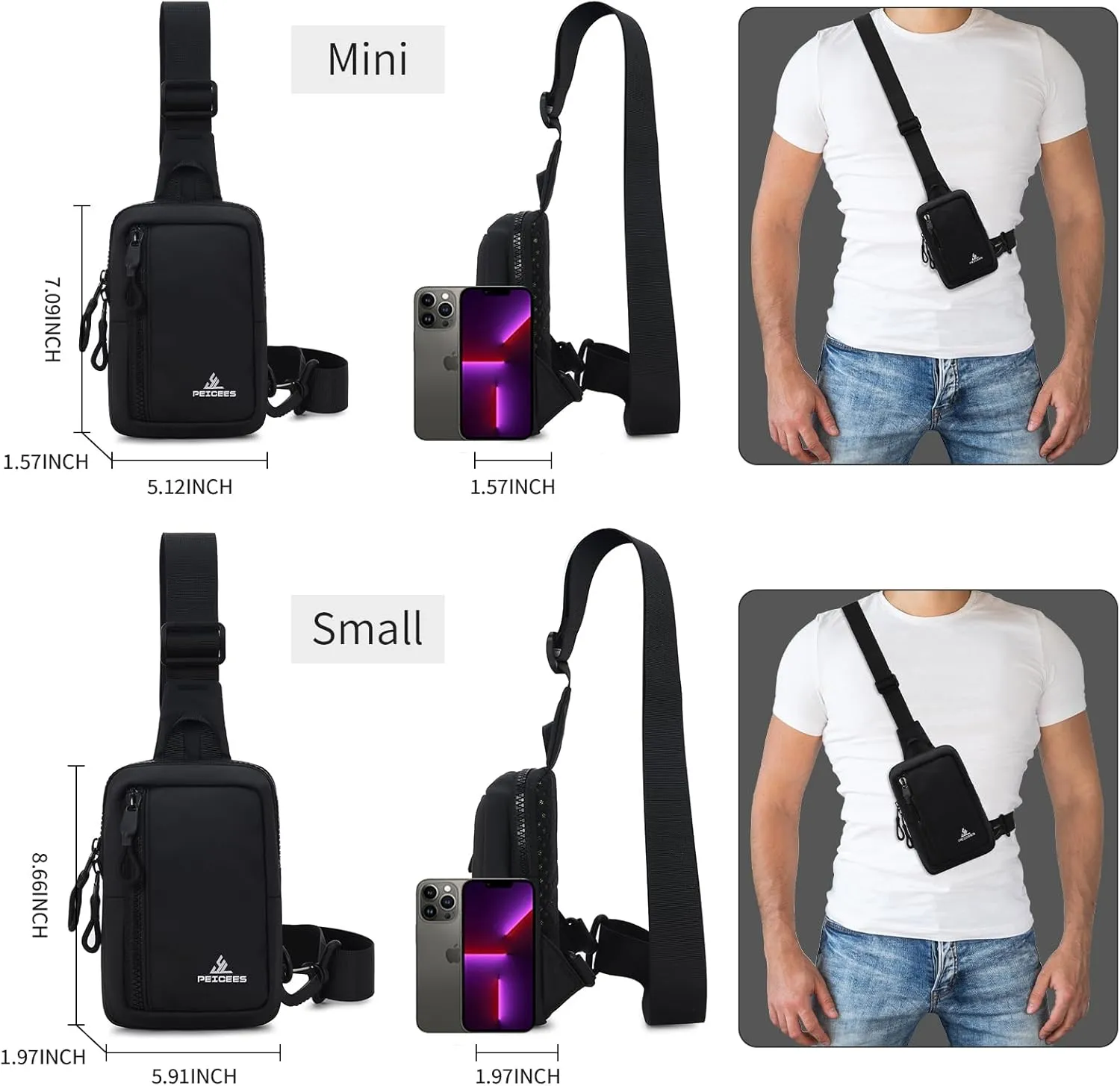 Peicees Small Crossbody Bag for Men Women Mini Sling Bag Travel Running Phone Daypack Cross Body Shoulder Bags, 2 Sizes