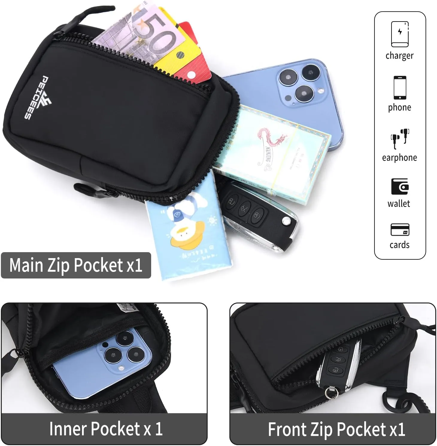 Peicees Small Crossbody Bag for Men Women Mini Sling Bag Travel Running Phone Daypack Cross Body Shoulder Bags, 2 Sizes