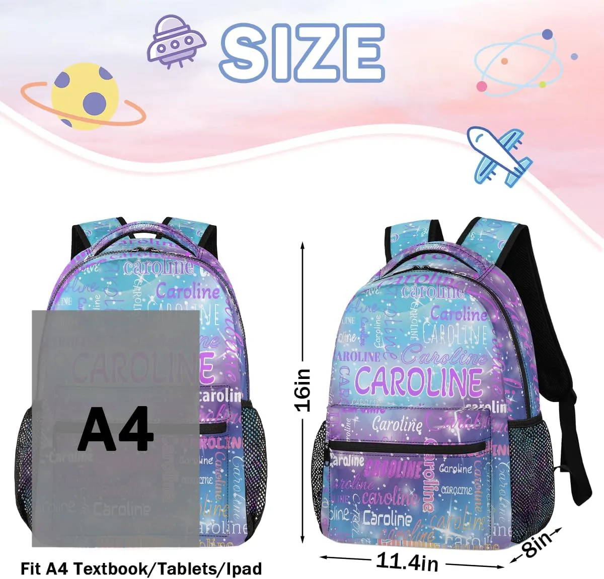 Personalized Backpack Bag with Name Lightweight Custom Shoulder Bags Waterproof Casual Backpacks Laptop Bag for Travel Work Picnic 16in, Cosmos Blue