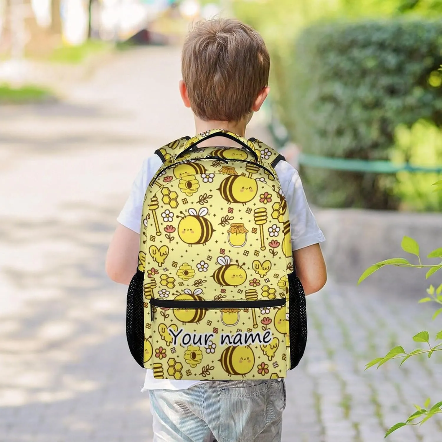 Personalized Bee Backpack for Girls Boys, 16 Inch Cute Backpack for School, Yellow, Large Capacity, Durable, Lightweight Bookbag for Kids Travel