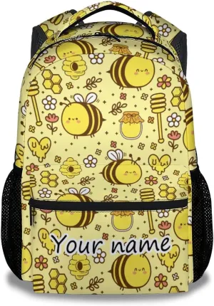 Personalized Bee Backpack for Girls Boys, 16 Inch Cute Backpack for School, Yellow, Large Capacity, Durable, Lightweight Bookbag for Kids Travel
