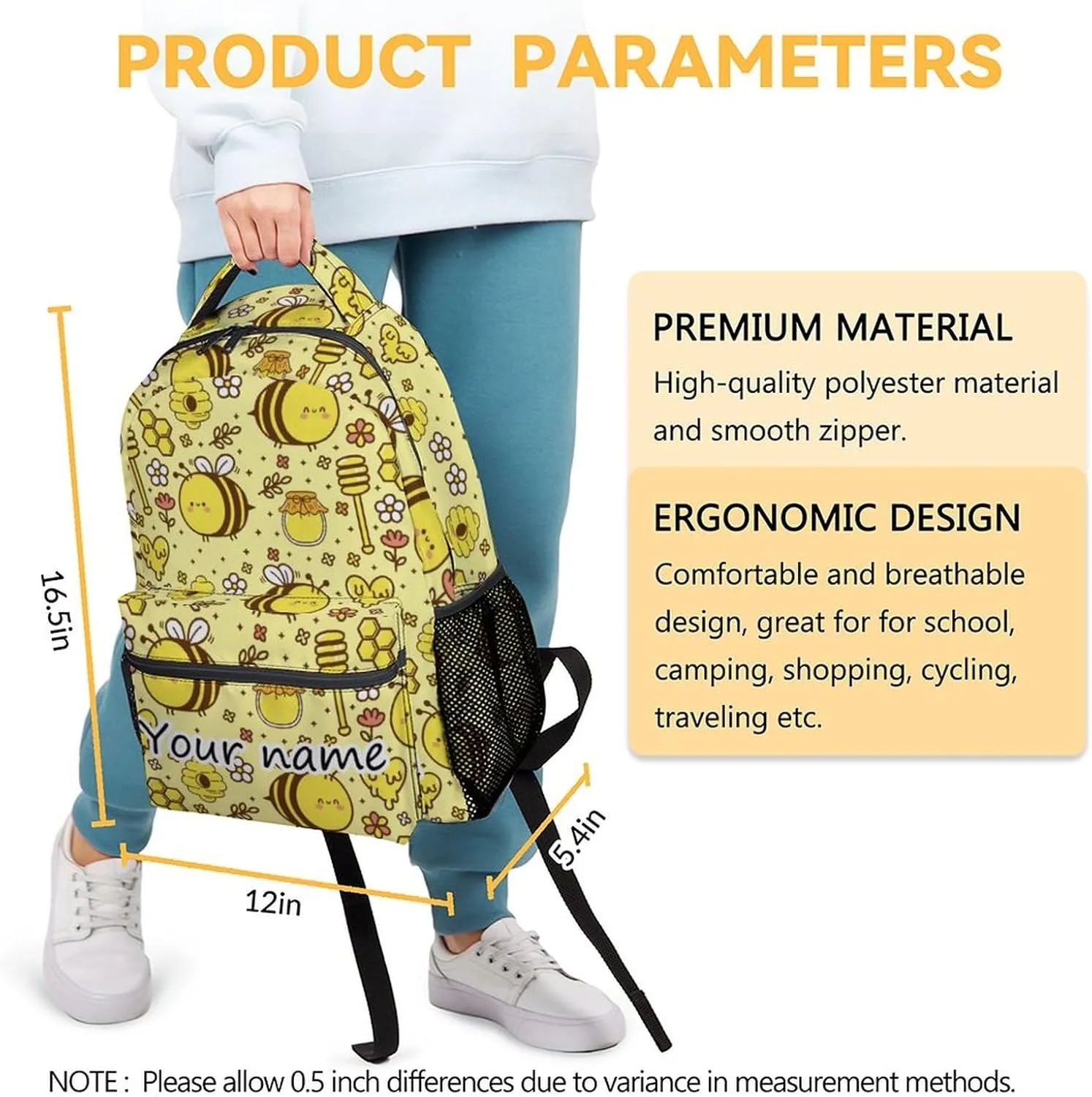 Personalized Bee Backpack for Girls Boys, 16 Inch Cute Backpack for School, Yellow, Large Capacity, Durable, Lightweight Bookbag for Kids Travel