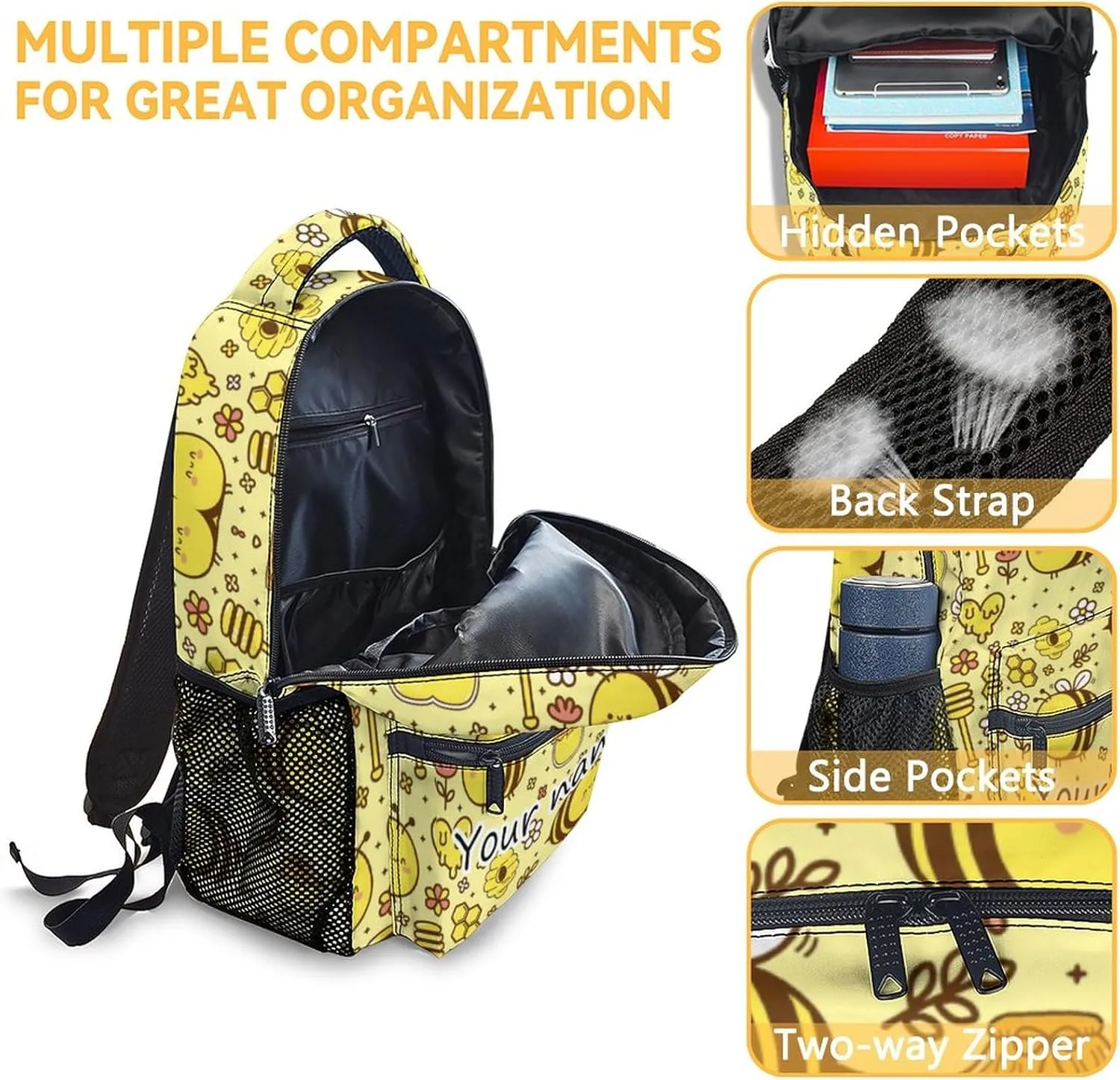 Personalized Bee Backpack for Girls Boys, 16 Inch Cute Backpack for School, Yellow, Large Capacity, Durable, Lightweight Bookbag for Kids Travel