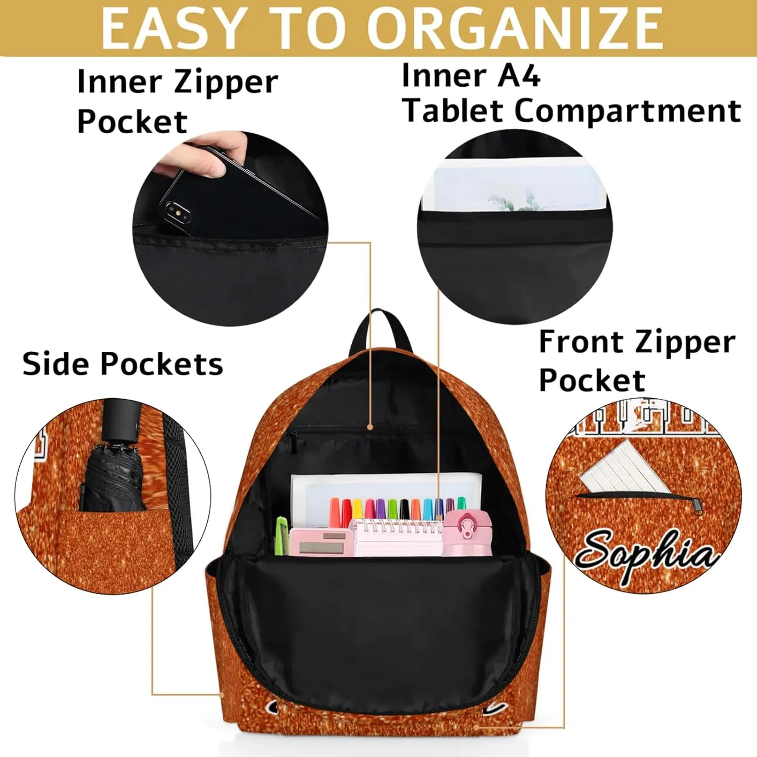 Personalized Cheer Backpack Bag for Women, Custom Large Capacity Shoulder Bags, Waterproof Cheerleaders Casual Daypack, Dark Orange Glitter