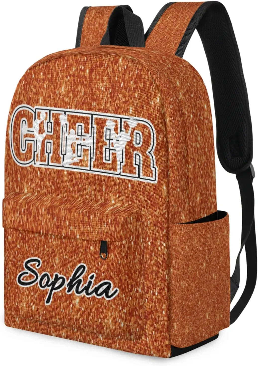 Personalized Cheer Backpack Bag for Women, Custom Large Capacity Shoulder Bags, Waterproof Cheerleaders Casual Daypack, Dark Orange Glitter