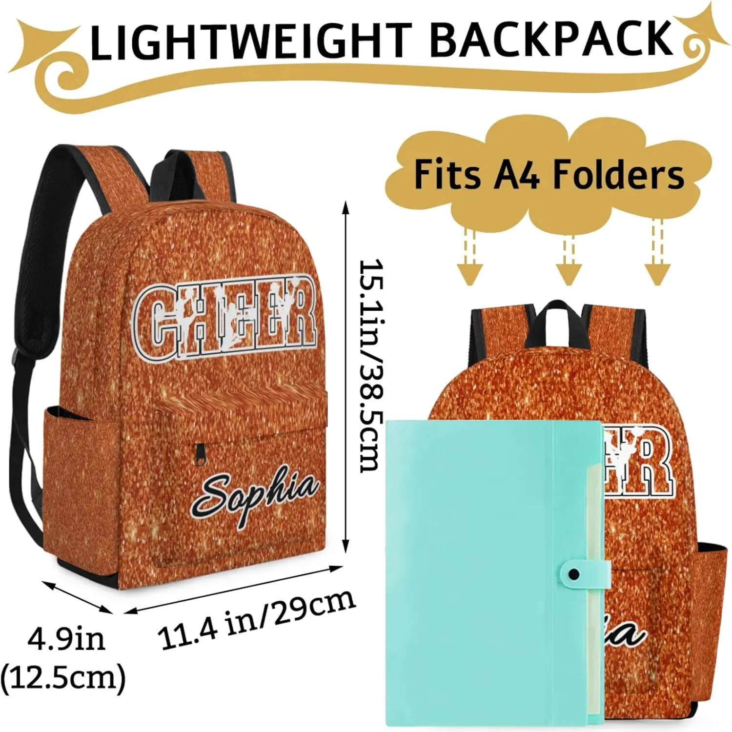 Personalized Cheer Backpack Bag for Women, Custom Large Capacity Shoulder Bags, Waterproof Cheerleaders Casual Daypack, Dark Orange Glitter