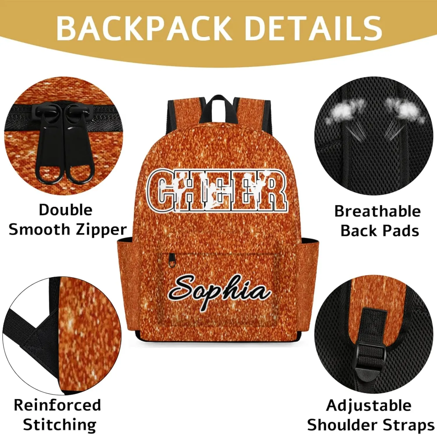 Personalized Cheer Backpack Bag for Women, Custom Large Capacity Shoulder Bags, Waterproof Cheerleaders Casual Daypack, Dark Orange Glitter