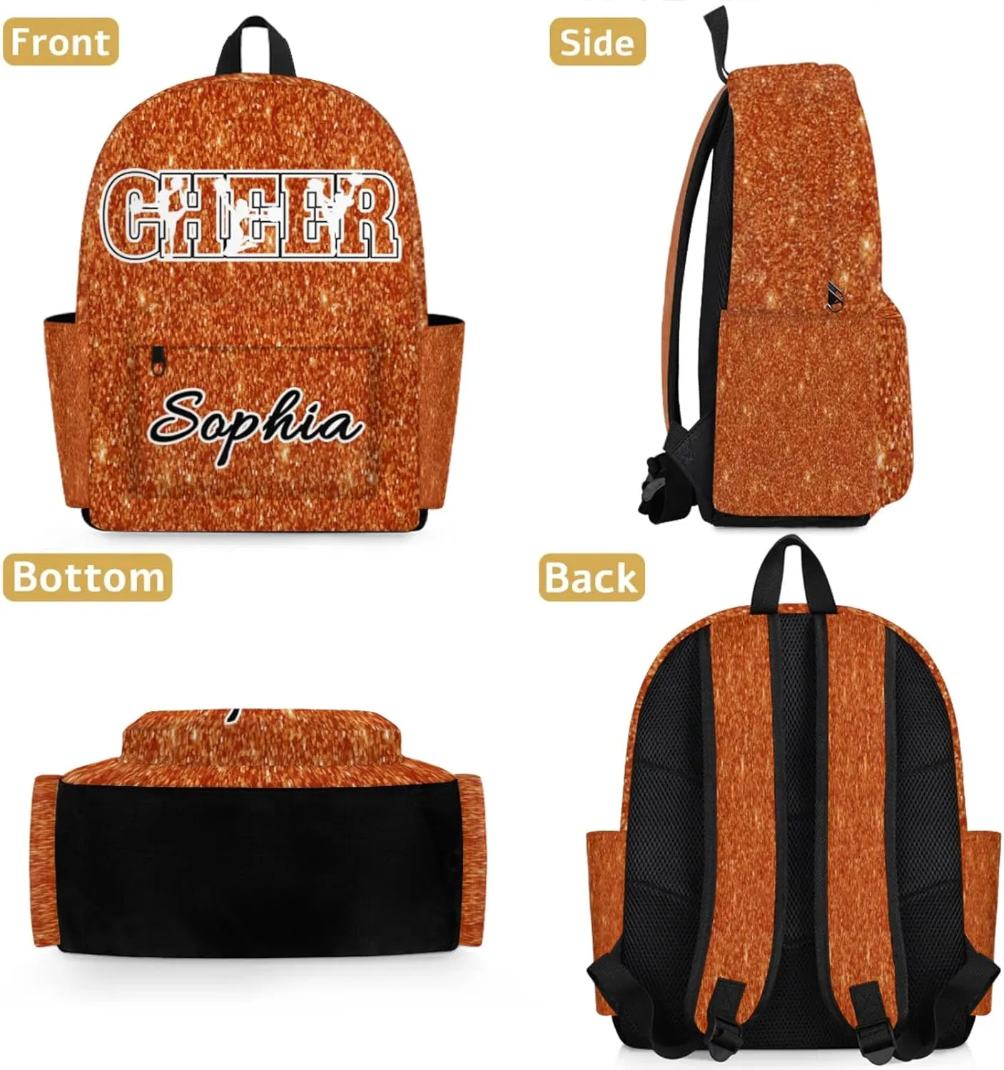 Personalized Cheer Backpack Bag for Women, Custom Large Capacity Shoulder Bags, Waterproof Cheerleaders Casual Daypack, Dark Orange Glitter