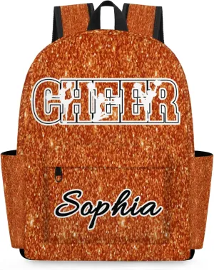Personalized Cheer Backpack Bag for Women, Custom Large Capacity Shoulder Bags, Waterproof Cheerleaders Casual Daypack, Dark Orange Glitter