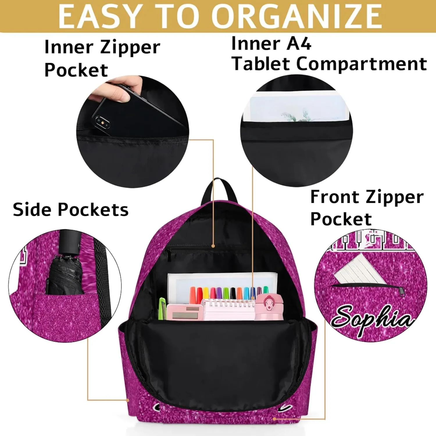 Personalized Cheer Backpack Bag for Women, Custom Large Capacity Shoulder Bags, Waterproof Cheerleaders Casual Daypack, Magenta Glitter