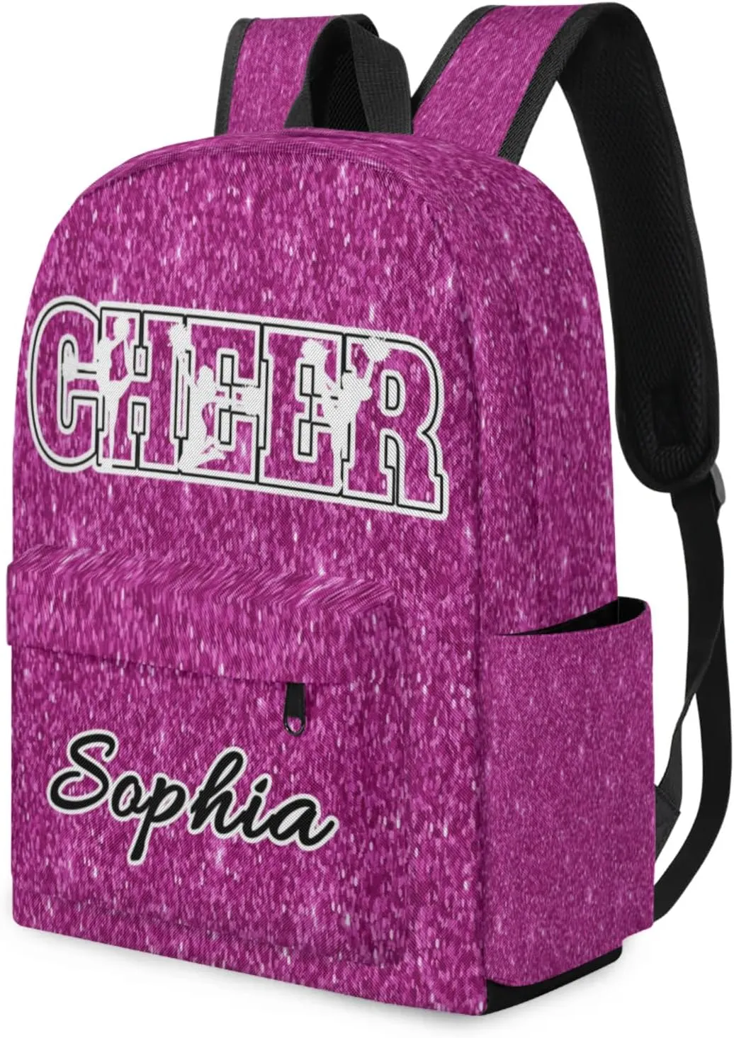 Personalized Cheer Backpack Bag for Women, Custom Large Capacity Shoulder Bags, Waterproof Cheerleaders Casual Daypack, Magenta Glitter