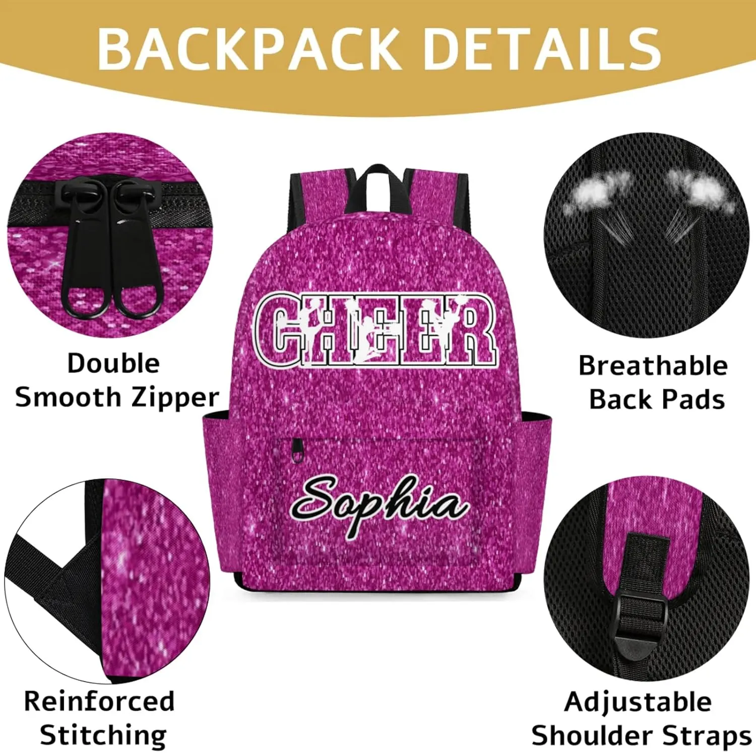 Personalized Cheer Backpack Bag for Women, Custom Large Capacity Shoulder Bags, Waterproof Cheerleaders Casual Daypack, Magenta Glitter