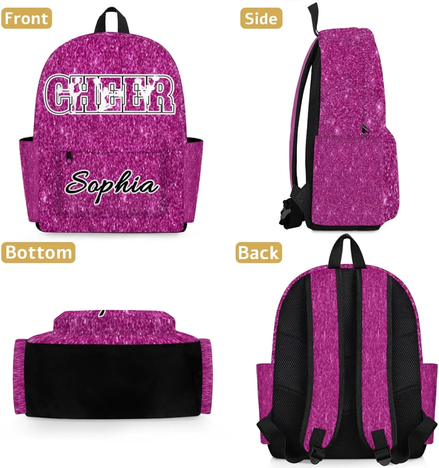 Personalized Cheer Backpack Bag for Women, Custom Large Capacity Shoulder Bags, Waterproof Cheerleaders Casual Daypack, Magenta Glitter