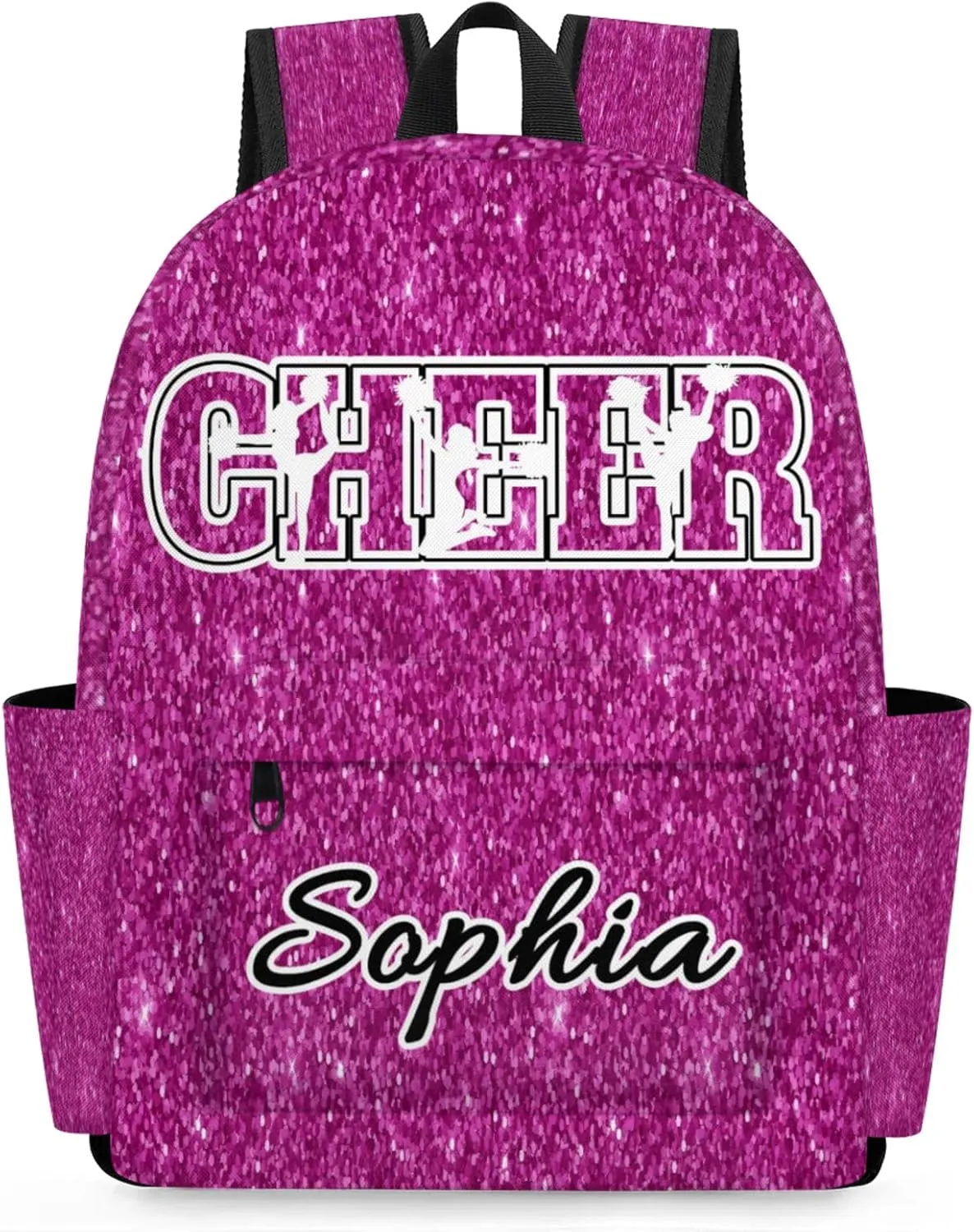 Personalized Cheer Backpack Bag for Women, Custom Large Capacity Shoulder Bags, Waterproof Cheerleaders Casual Daypack, Magenta Glitter