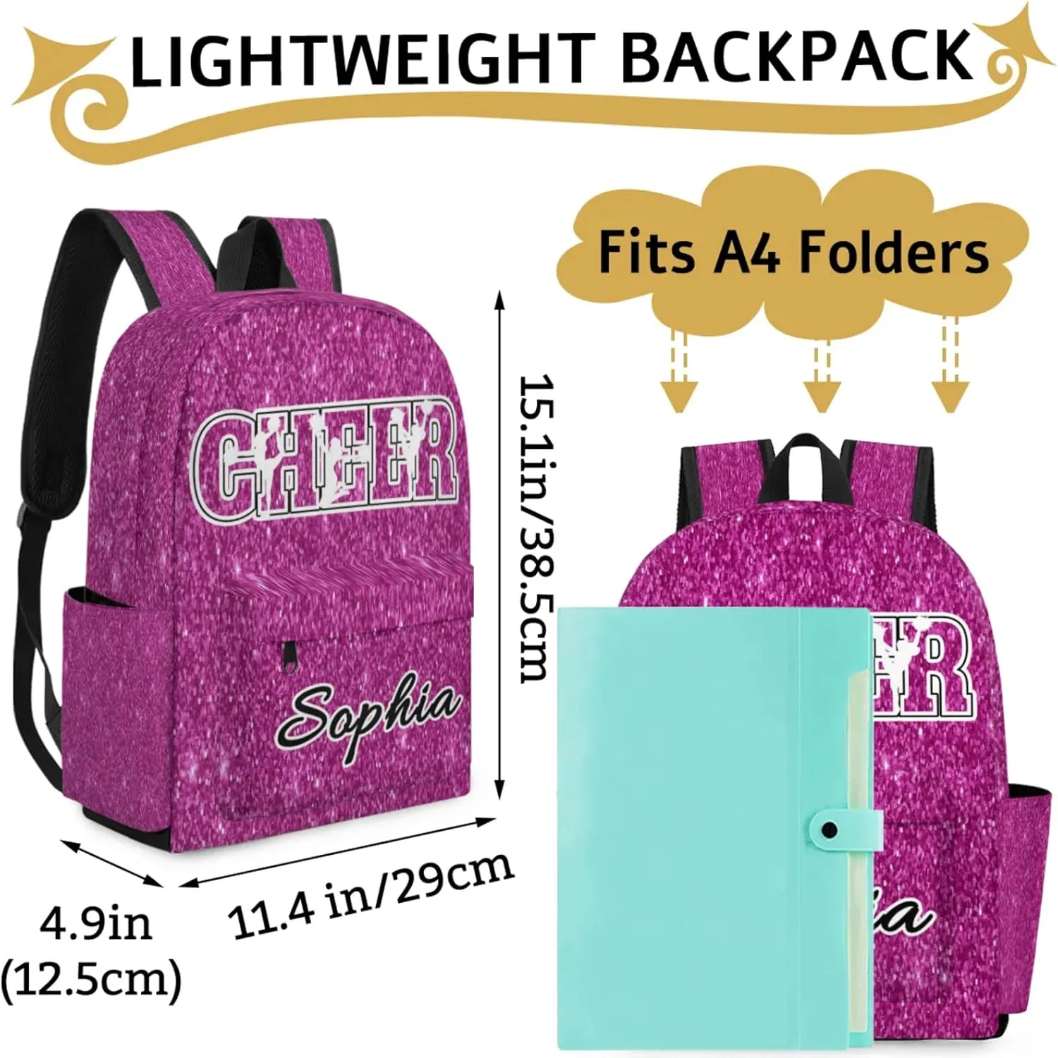 Personalized Cheer Backpack Bag for Women, Custom Large Capacity Shoulder Bags, Waterproof Cheerleaders Casual Daypack, Magenta Glitter