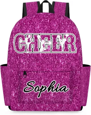 Personalized Cheer Backpack Bag for Women, Custom Large Capacity Shoulder Bags, Waterproof Cheerleaders Casual Daypack, Magenta Glitter