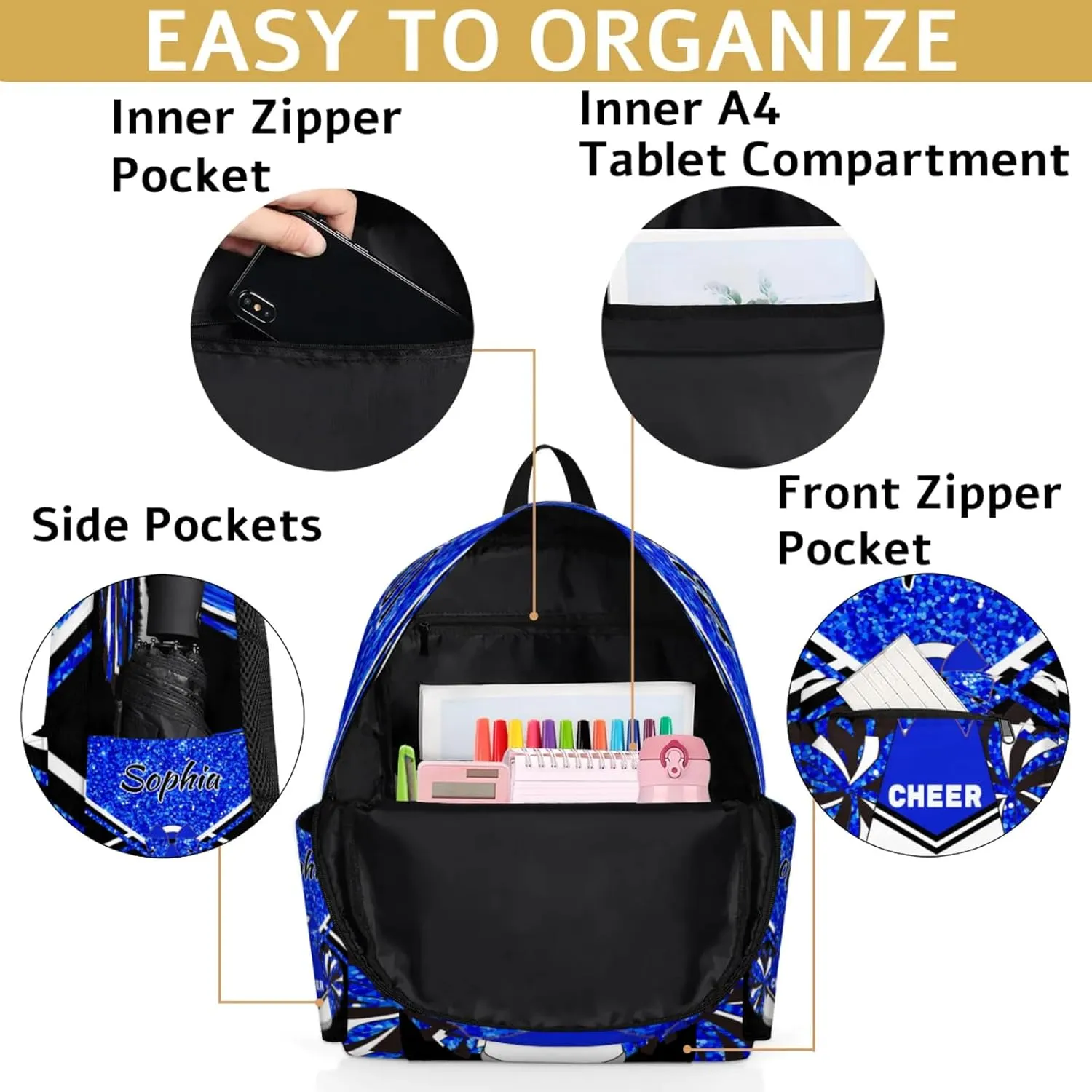 Personalized Cheer Bag Name Backpack Bags for Women Men, Custom Large Capacity Waterproof Shoulder Bags, Casual Daypack, Blue Glitter