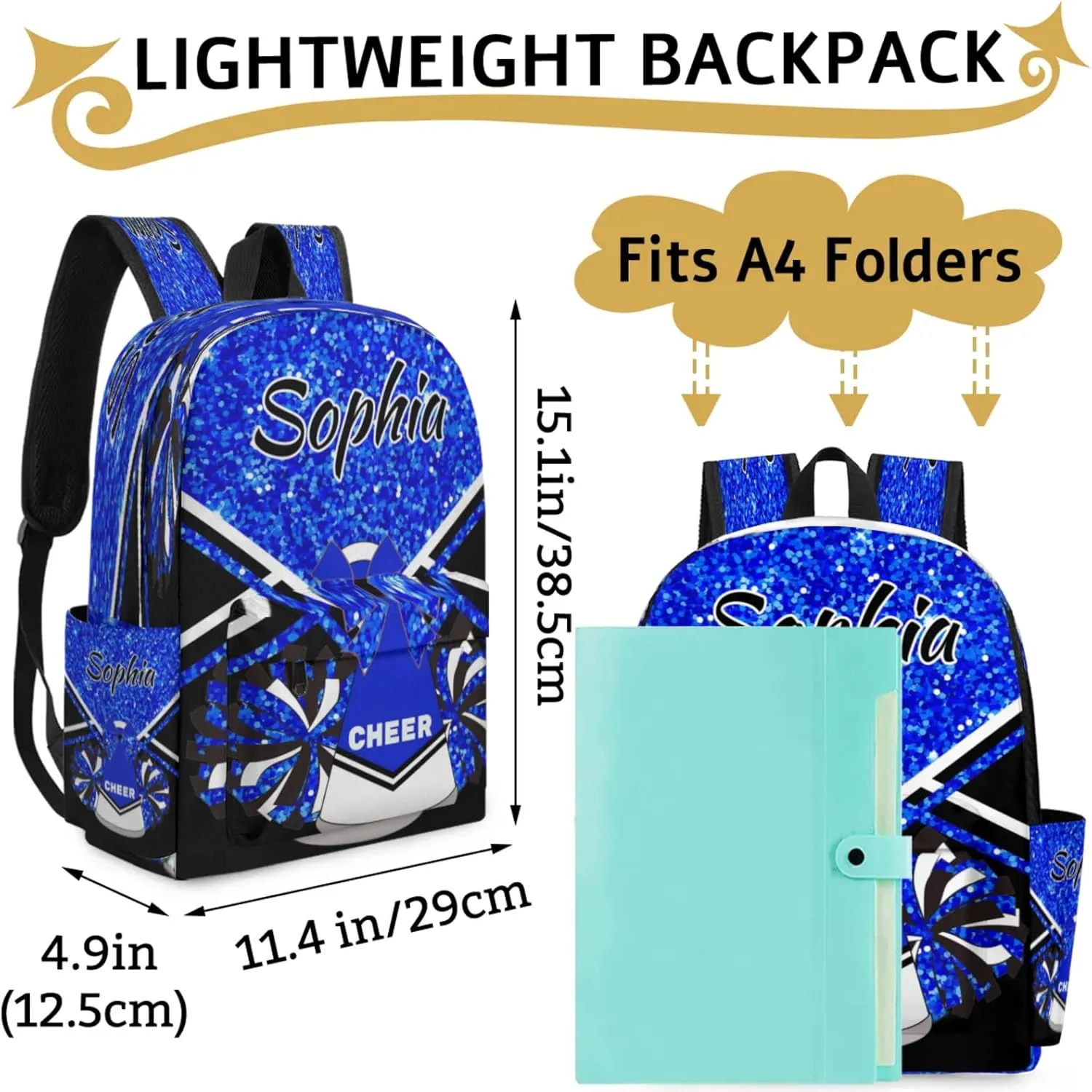 Personalized Cheer Bag Name Backpack Bags for Women Men, Custom Large Capacity Waterproof Shoulder Bags, Casual Daypack, Blue Glitter