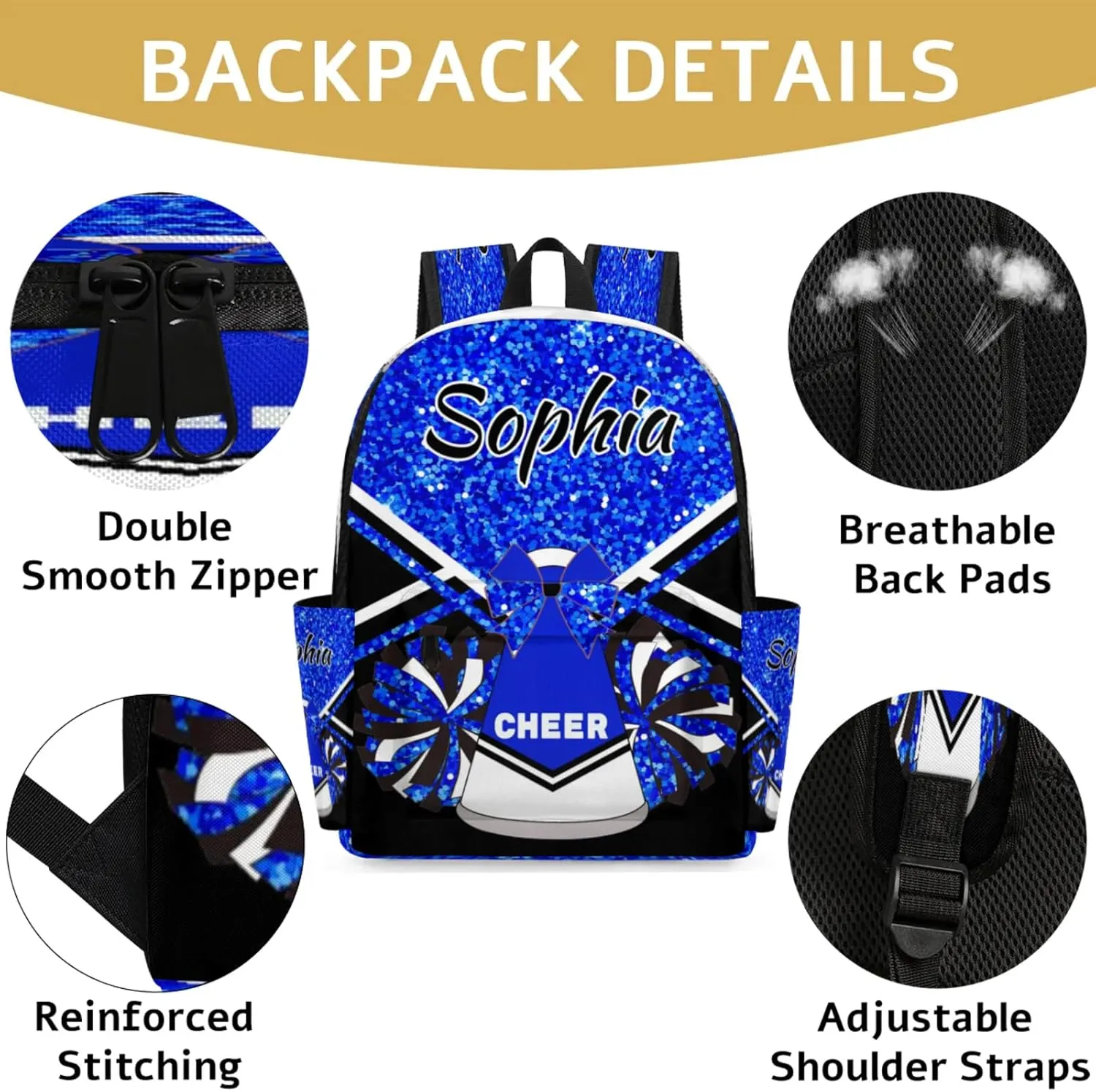 Personalized Cheer Bag Name Backpack Bags for Women Men, Custom Large Capacity Waterproof Shoulder Bags, Casual Daypack, Blue Glitter