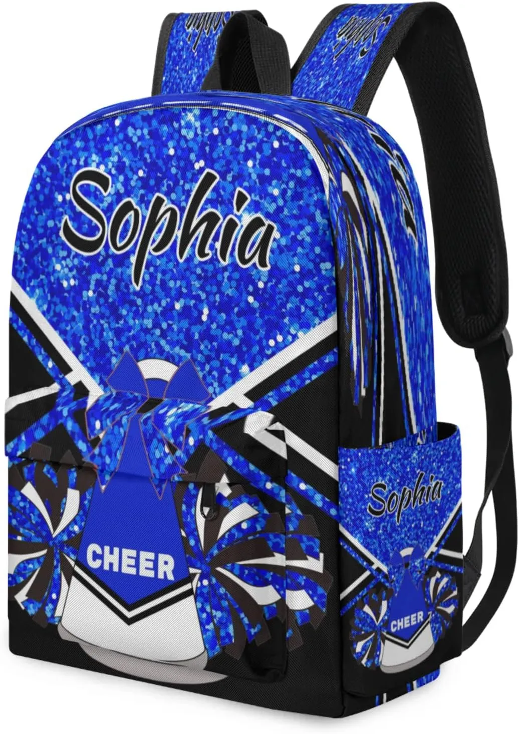 Personalized Cheer Bag Name Backpack Bags for Women Men, Custom Large Capacity Waterproof Shoulder Bags, Casual Daypack, Blue Glitter