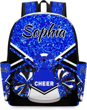 Personalized Cheer Bag Name Backpack Bags for Women Men, Custom Large Capacity Waterproof Shoulder Bags, Casual Daypack, Blue Glitter