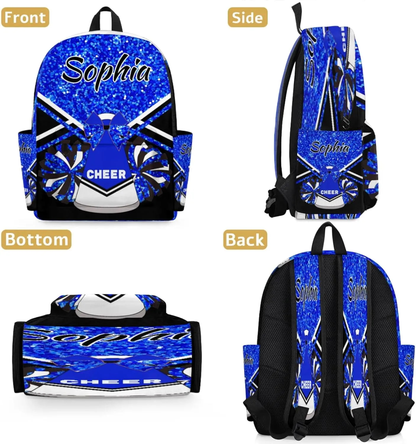 Personalized Cheer Bag Name Backpack Bags for Women Men, Custom Large Capacity Waterproof Shoulder Bags, Casual Daypack, Blue Glitter