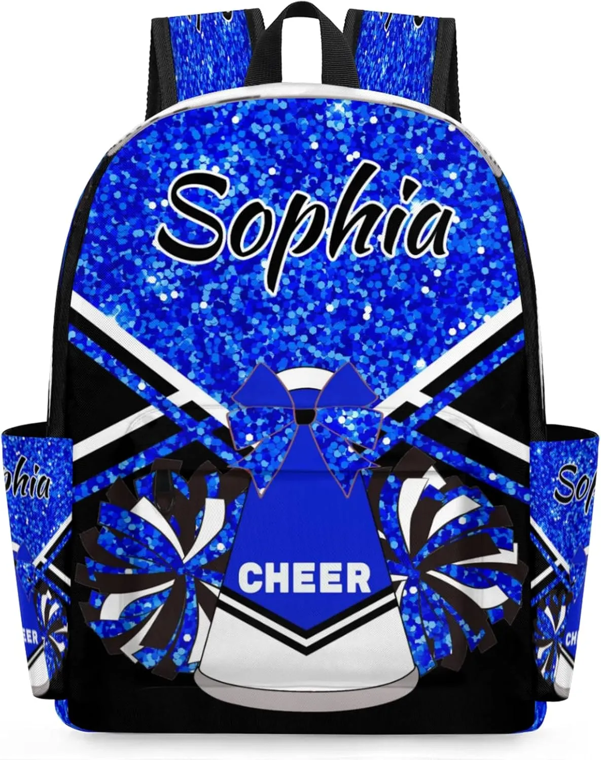 Personalized Cheer Bag Name Backpack Bags for Women Men, Custom Large Capacity Waterproof Shoulder Bags, Casual Daypack, Blue Glitter