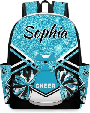 Personalized Cheer Bag Name Backpack Bags for Women Men, Custom Large Capacity Waterproof Shoulder Bags, Casual Daypack, Sapphire Blue Glitter