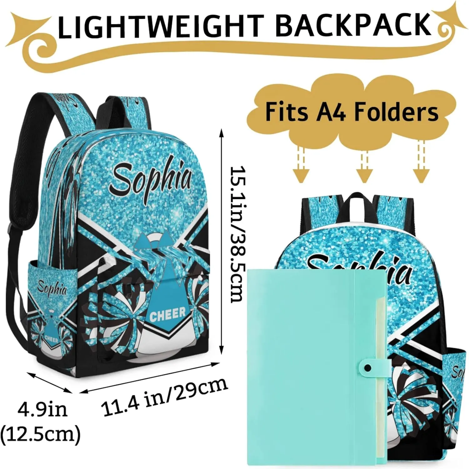Personalized Cheer Bag Name Backpack Bags for Women Men, Custom Large Capacity Waterproof Shoulder Bags, Casual Daypack, Sapphire Blue Glitter