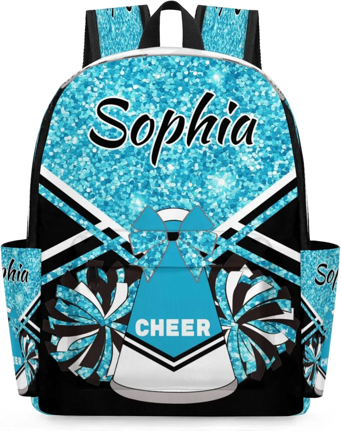 Personalized Cheer Bag Name Backpack Bags for Women Men, Custom Large Capacity Waterproof Shoulder Bags, Casual Daypack, Sapphire Blue Glitter