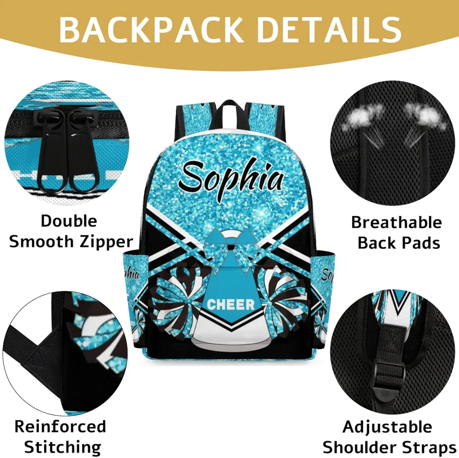 Personalized Cheer Bag Name Backpack Bags for Women Men, Custom Large Capacity Waterproof Shoulder Bags, Casual Daypack, Sapphire Blue Glitter