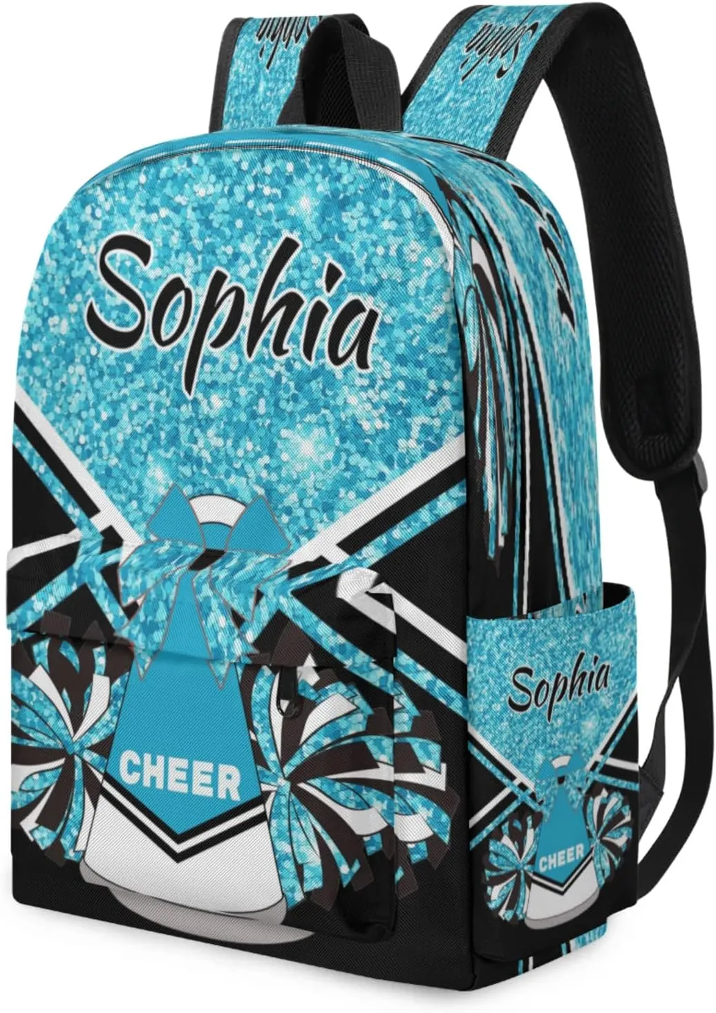 Personalized Cheer Bag Name Backpack Bags for Women Men, Custom Large Capacity Waterproof Shoulder Bags, Casual Daypack, Sapphire Blue Glitter