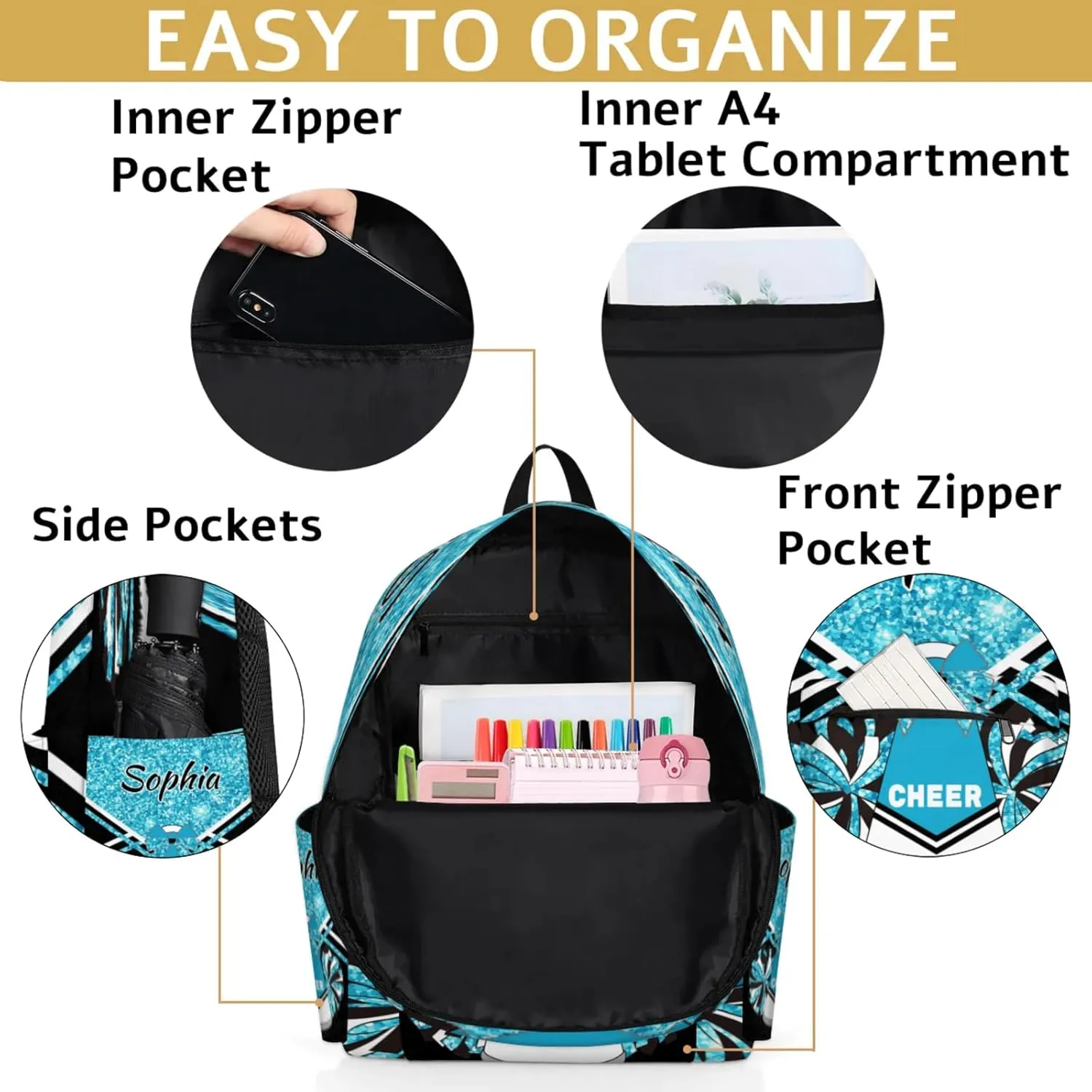 Personalized Cheer Bag Name Backpack Bags for Women Men, Custom Large Capacity Waterproof Shoulder Bags, Casual Daypack, Sapphire Blue Glitter