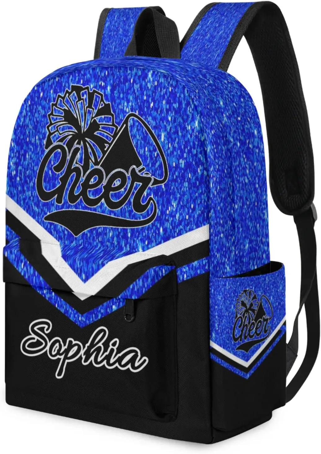 Personalized Cheer Name Backpack Bag for Women, Custom Large Capacity Shoulder Bags, Cheerleaders Casual Daypack, Blue Glitter