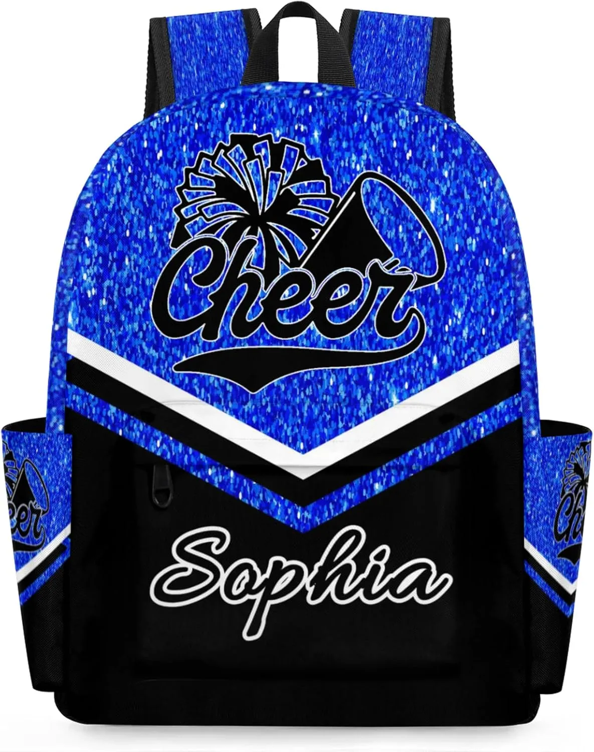 Personalized Cheer Name Backpack Bag for Women, Custom Large Capacity Shoulder Bags, Cheerleaders Casual Daypack, Blue Glitter