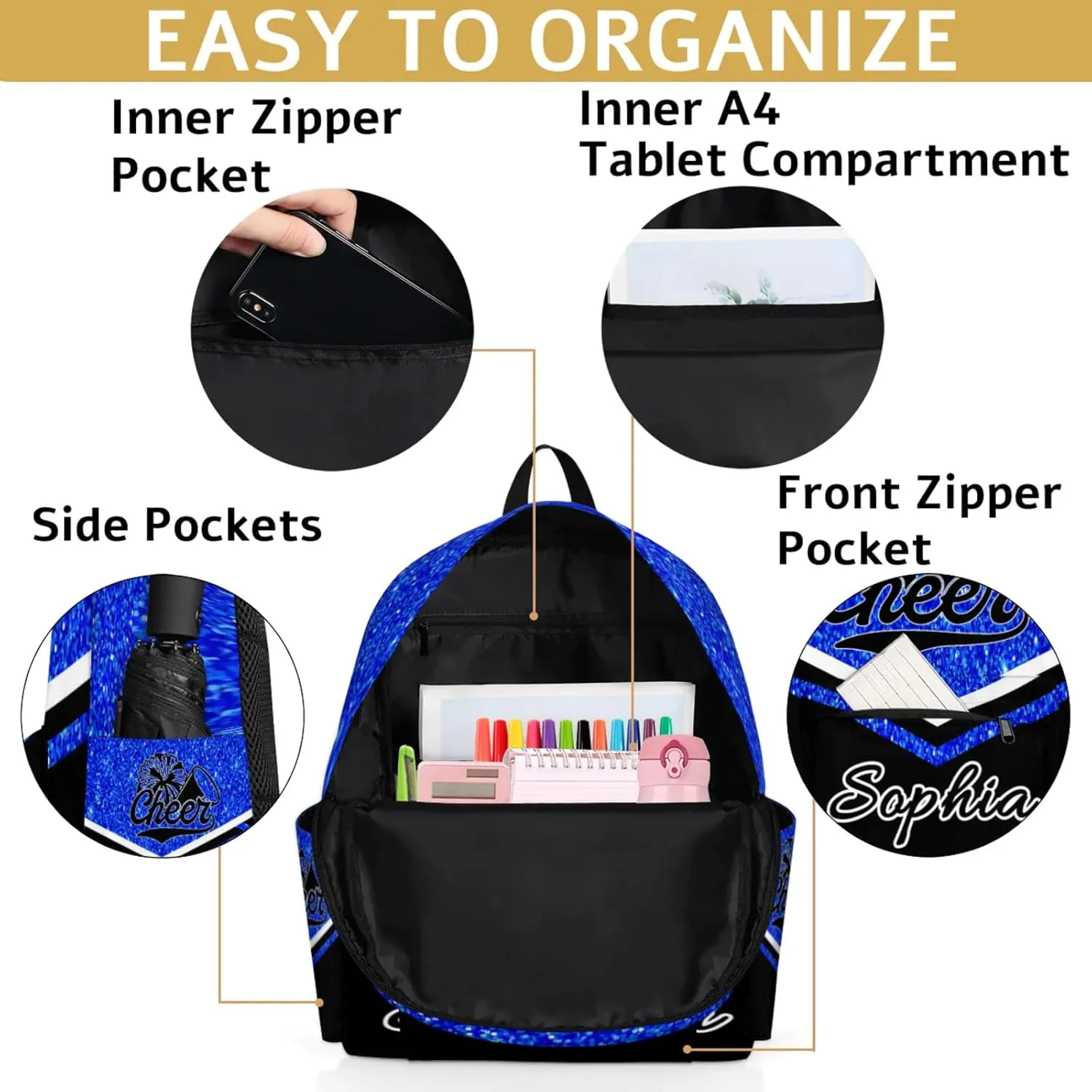 Personalized Cheer Name Backpack Bag for Women, Custom Large Capacity Shoulder Bags, Cheerleaders Casual Daypack, Blue Glitter