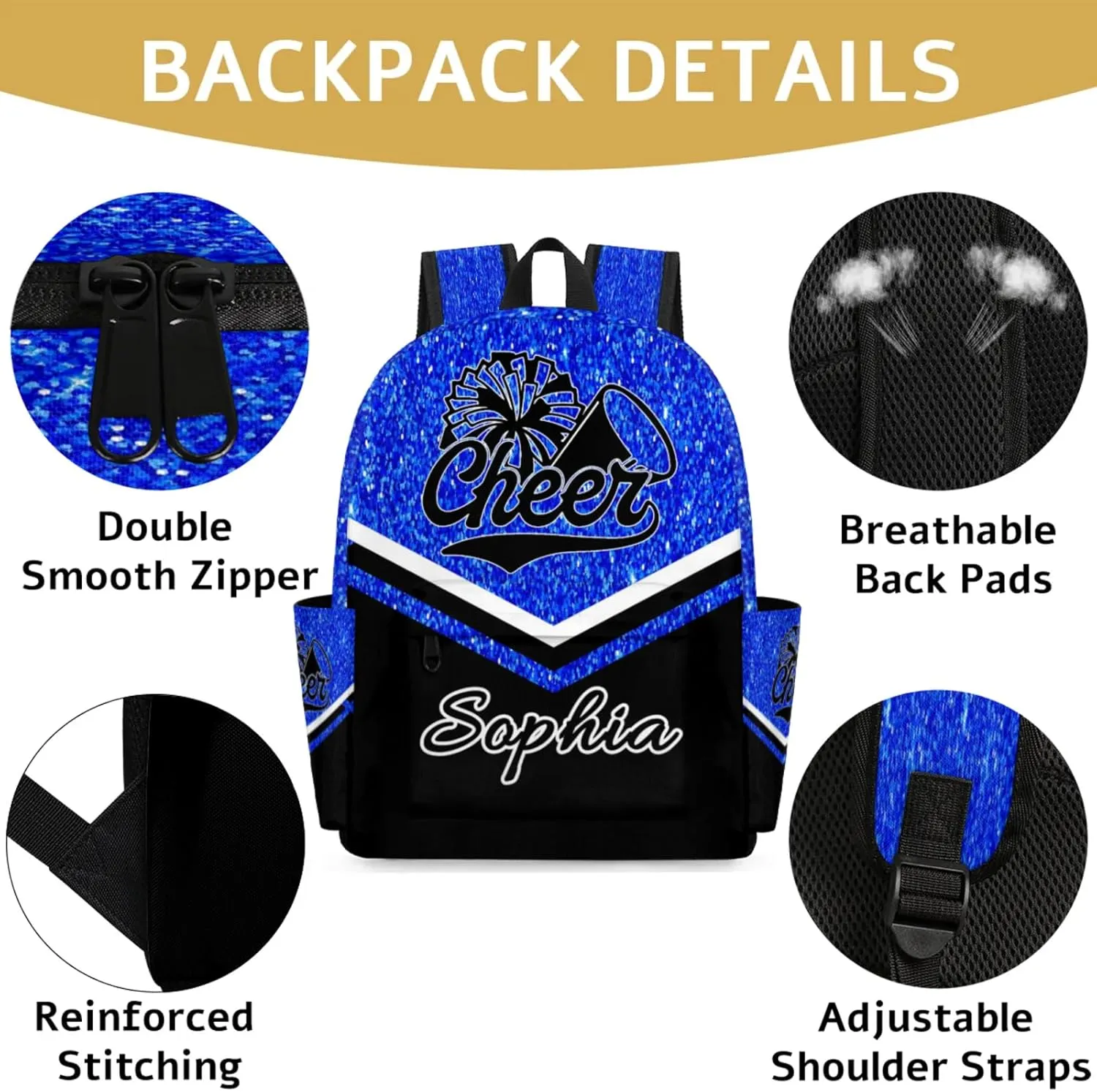Personalized Cheer Name Backpack Bag for Women, Custom Large Capacity Shoulder Bags, Cheerleaders Casual Daypack, Blue Glitter